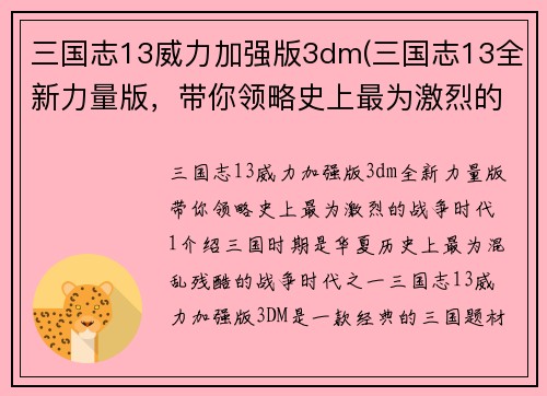 三国志13威力加强版3dm(三国志13全新力量版，带你领略史上最为激烈的战争时代！)