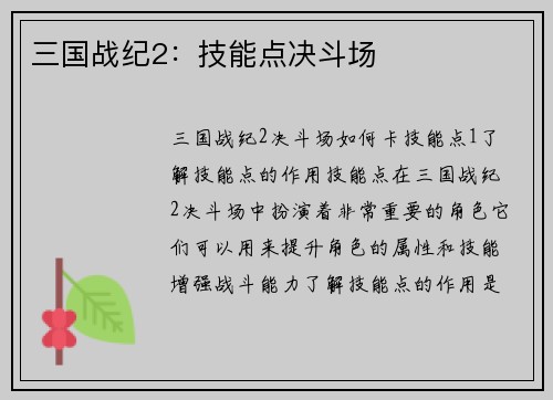 三国战纪2：技能点决斗场